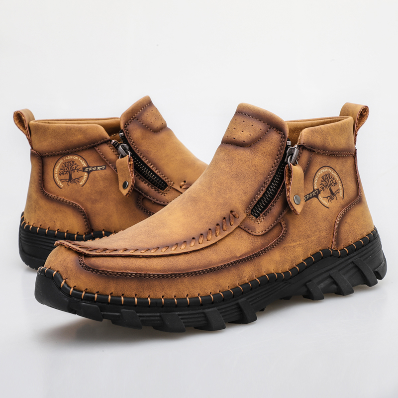 Men's Hand Stitching Leather Slip On Ankle Boots Side Zipper Casual Comfort Moccasin Chukka Boots Outdoor Walking Loafers for Working Driving Hiking
