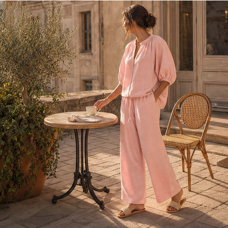 Drape-Soft 2-Piece Set with Gold Zip & Wide-Leg Pants + 50% OFF