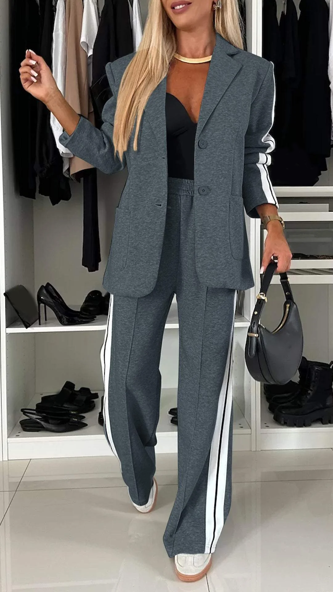 Bold Claim Sporty Patchwork Lapel Blazer and Elastic Waist Pocket Loose Pants Set
