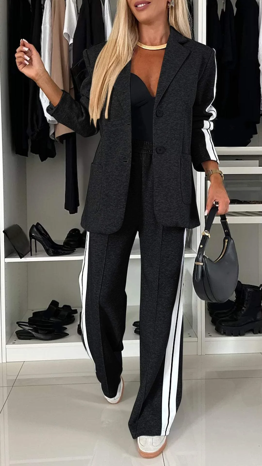 Bold Claim Sporty Patchwork Lapel Blazer and Elastic Waist Pocket Loose Pants Set