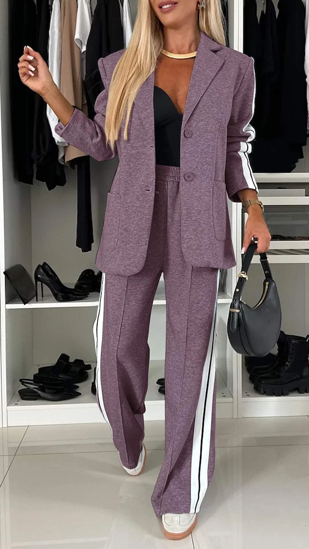 Bold Claim Sporty Patchwork Lapel Blazer and Elastic Waist Pocket Loose Pants Set