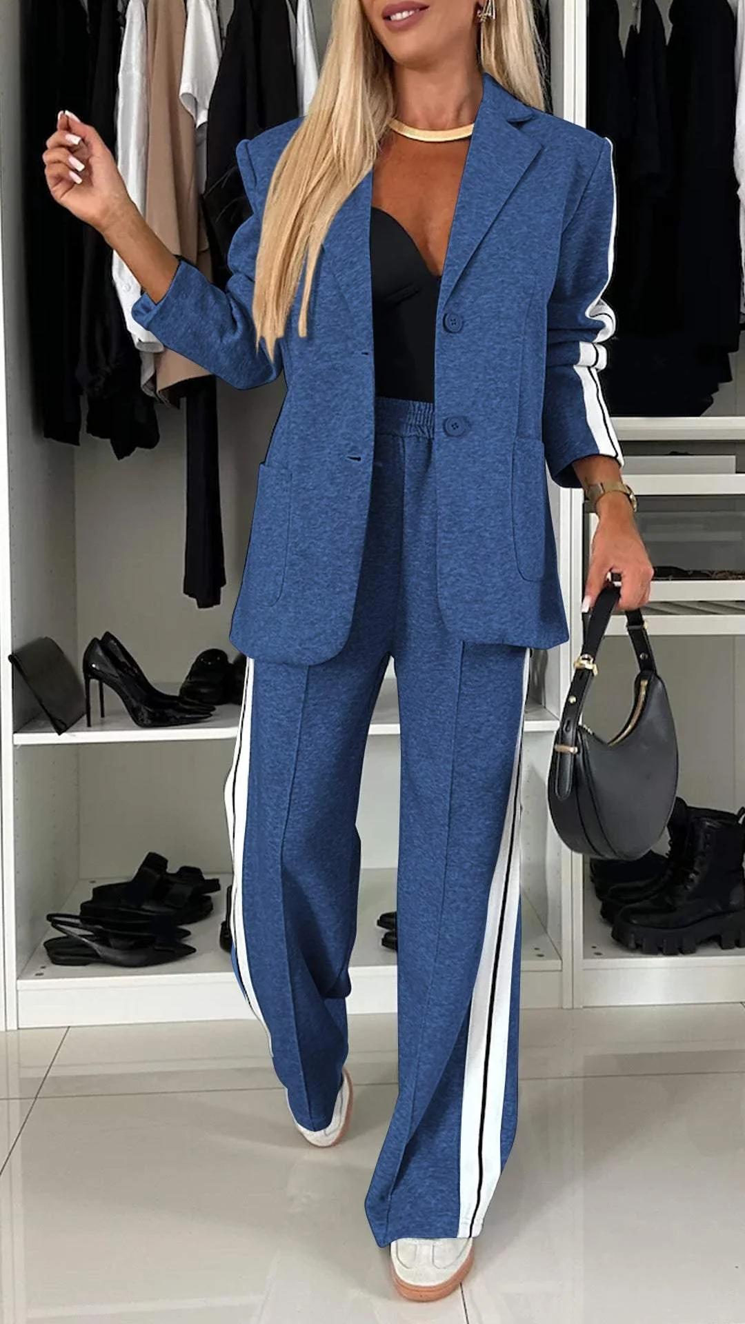 Bold Claim Sporty Patchwork Lapel Blazer and Elastic Waist Pocket Loose Pants Set