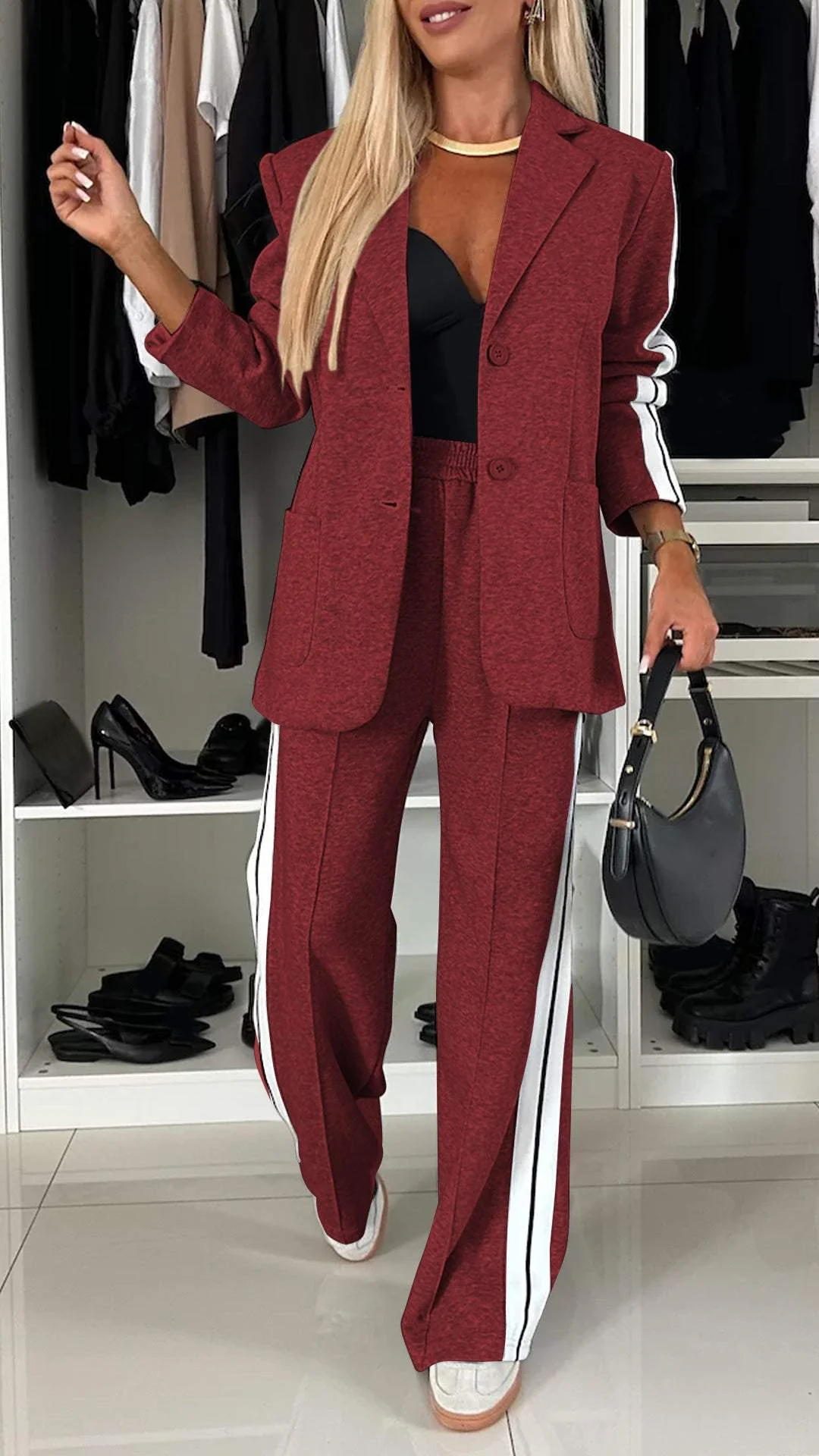 Bold Claim Sporty Patchwork Lapel Blazer and Elastic Waist Pocket Loose Pants Set