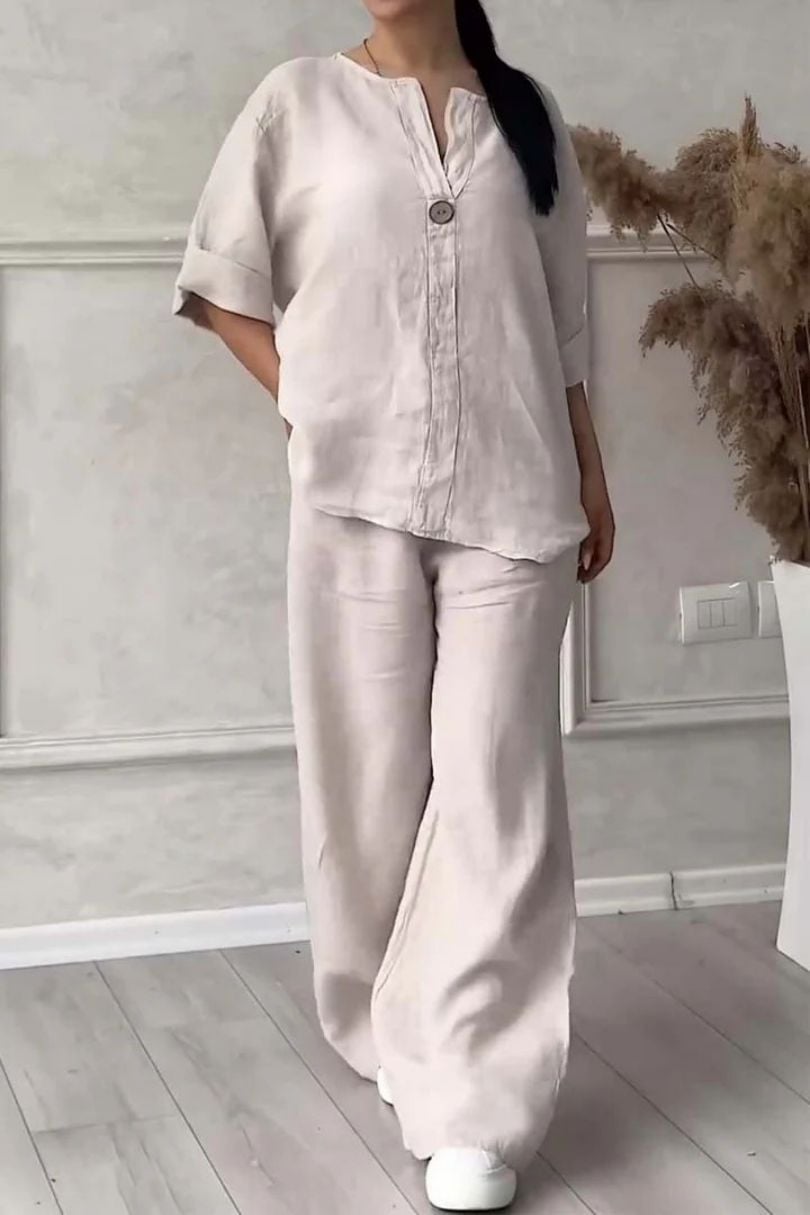 Women Casual button decorated cotton and linen two-piece set