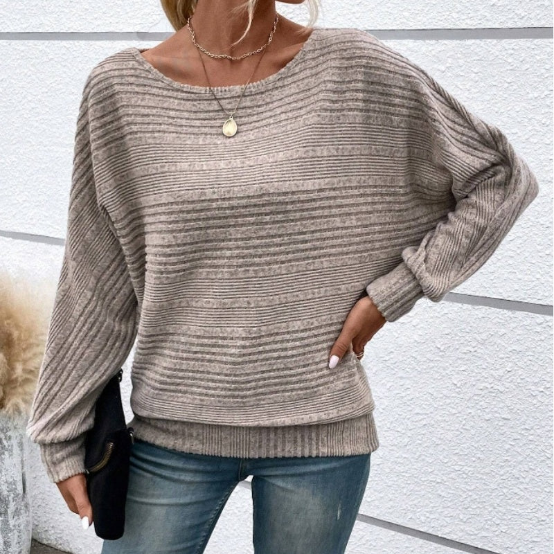 🎁New arrival 52% OFF💥Solid Round-Neck Striped Top with Long Sleeves