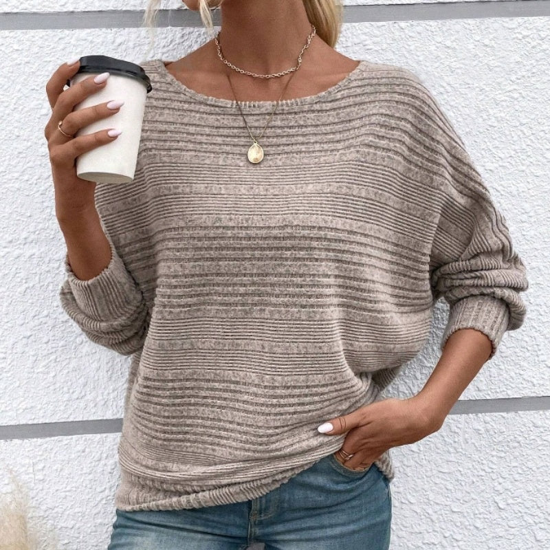 🎁New arrival 52% OFF💥Solid Round-Neck Striped Top with Long Sleeves