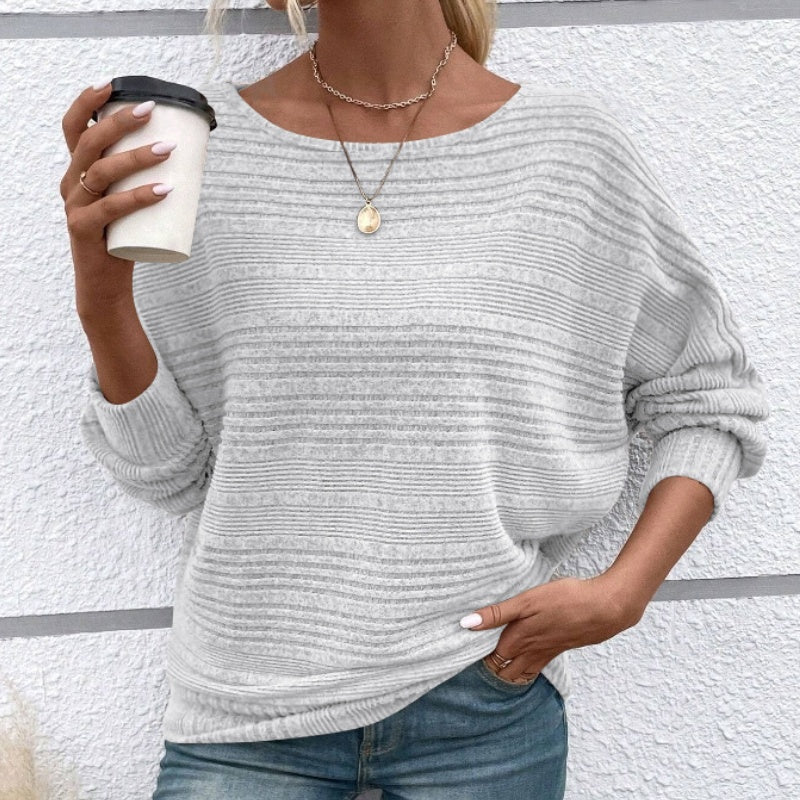 🎁New arrival 52% OFF💥Solid Round-Neck Striped Top with Long Sleeves