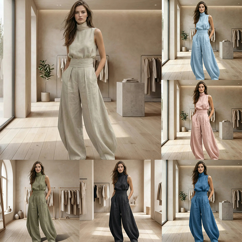 ✨2026 Solid-Color Simple Cotton-Linen Blend Sleeveless Top and Wide-Leg Pants