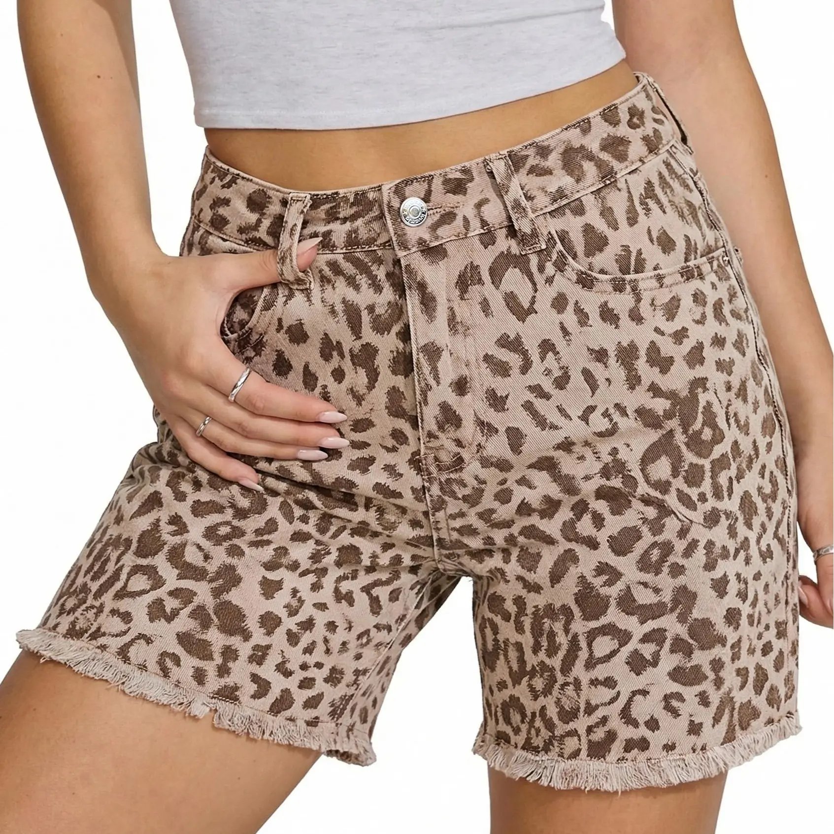 Jean Shorts for Women Trendy High Rise Mid Thigh Cheetah Leopard Print Raw Hem Stretch Denim Casual Summer Jorts
