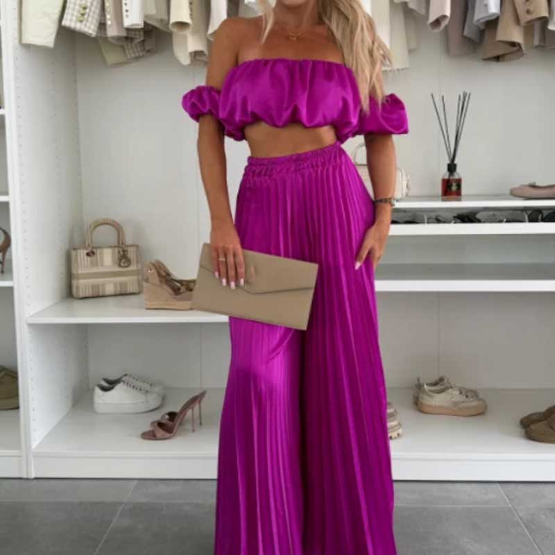💖LAST DAY SALE 60% OFF💖Women’s Sexy Solid Color Top Wide Leg Pants Two Pieces Set