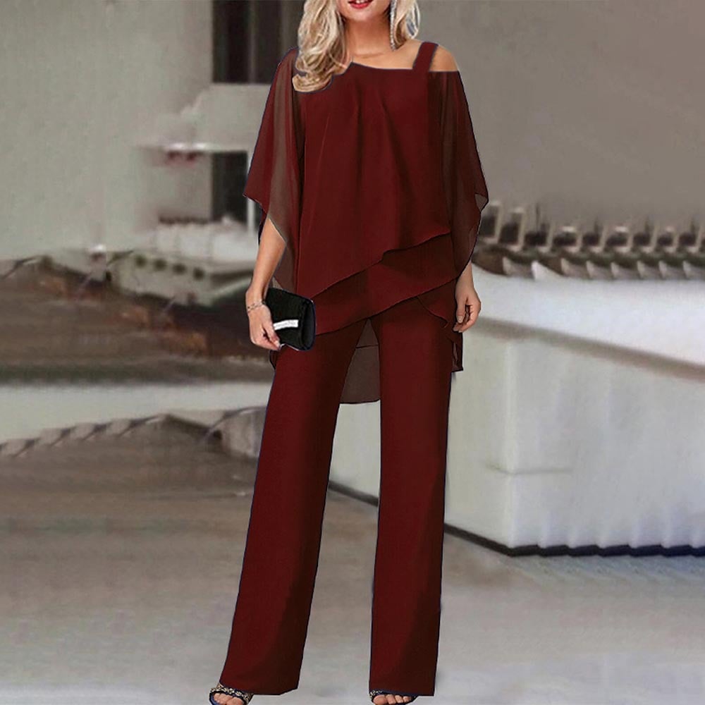 Elegant Layered Chiffon Top & Wide-Leg Pants Set
