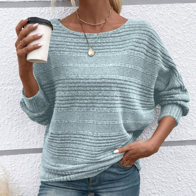 🎁New arrival 52% OFF💥Solid Round-Neck Striped Top with Long Sleeves