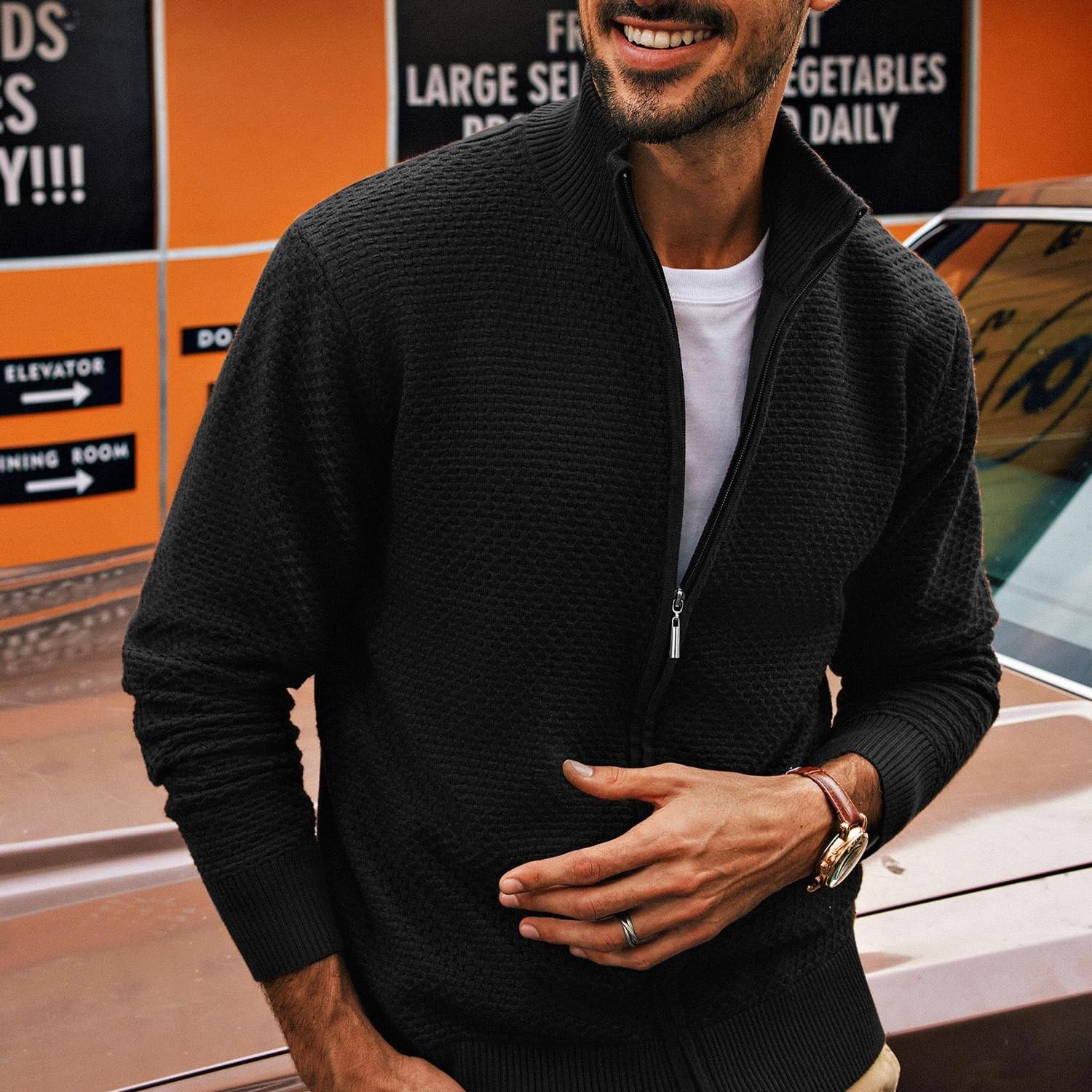 Men's Casual Zipper Cardigan Knit Sweater