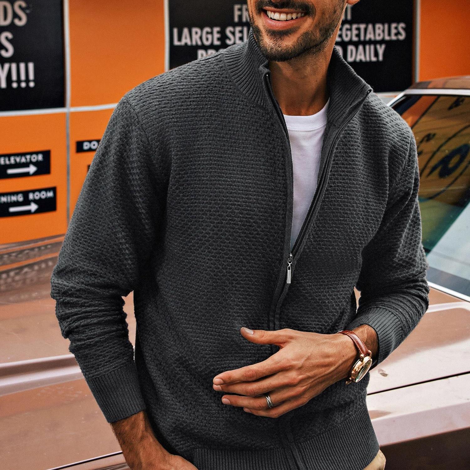 Men's Casual Zipper Cardigan Knit Sweater