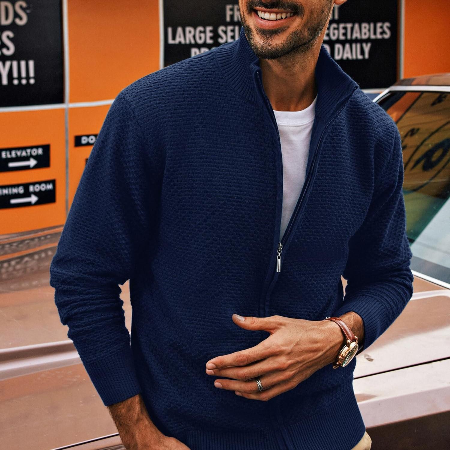 Men's Casual Zipper Cardigan Knit Sweater