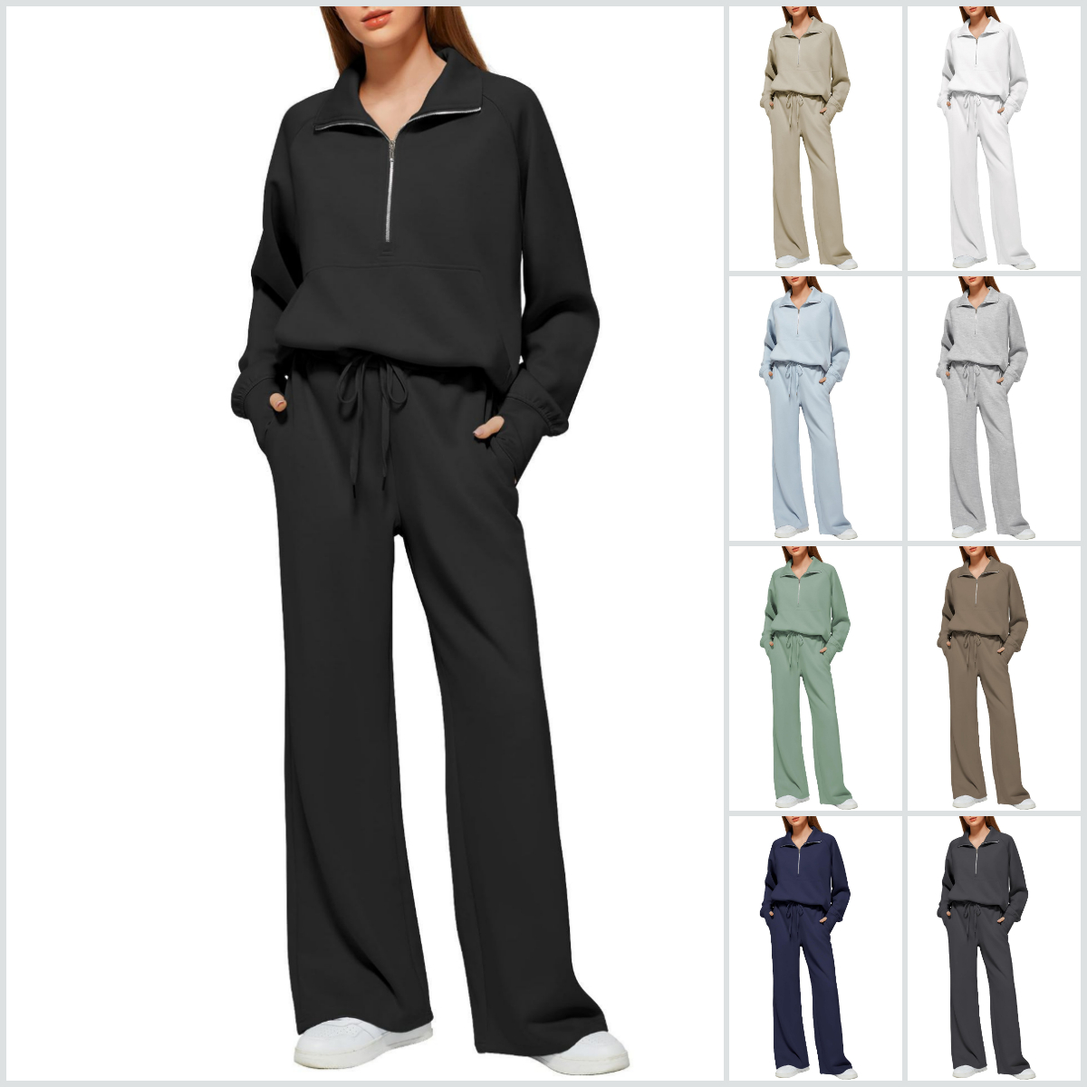 Women's Cotton Two-Piece Oversized Half-Zip Sweatshirt Wide Leg Sweatpants Casual Suit