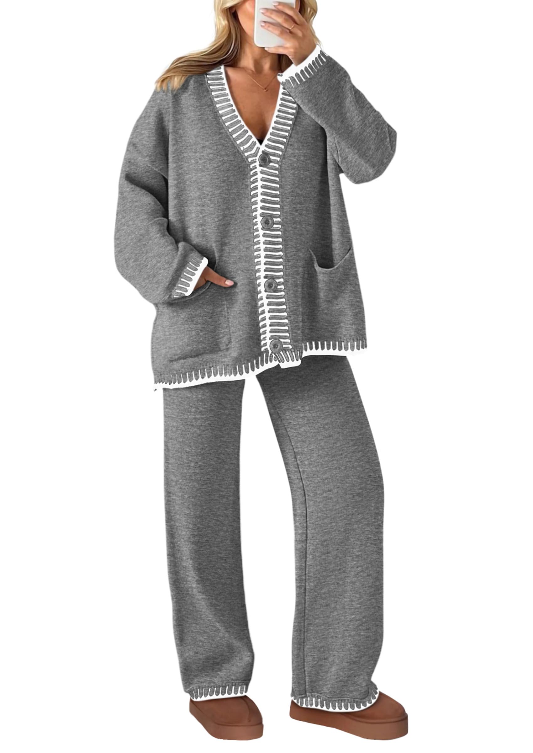 NEW🔥 2026 Women's Cotton Two-Piece Knit Leisure Suit Long Sleeved V Neck Cardigan Sweater Wide Legged Pants Sportswear