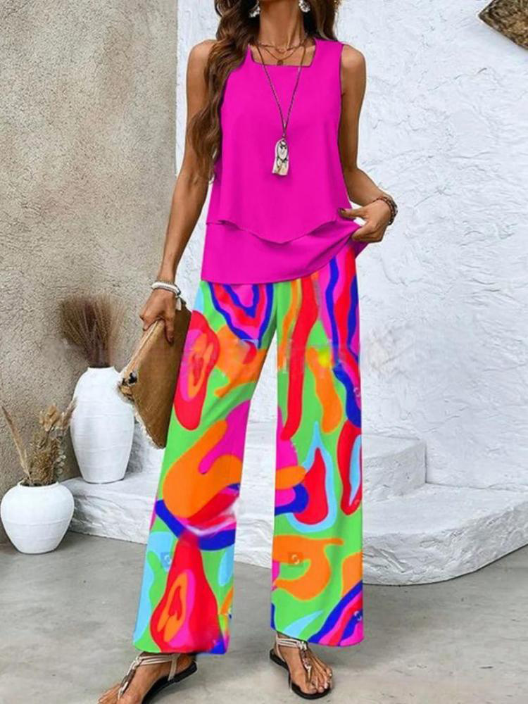 🔥50% OFF🌺Fashionable two-piece women's outfits with printed sleeveless top & pants