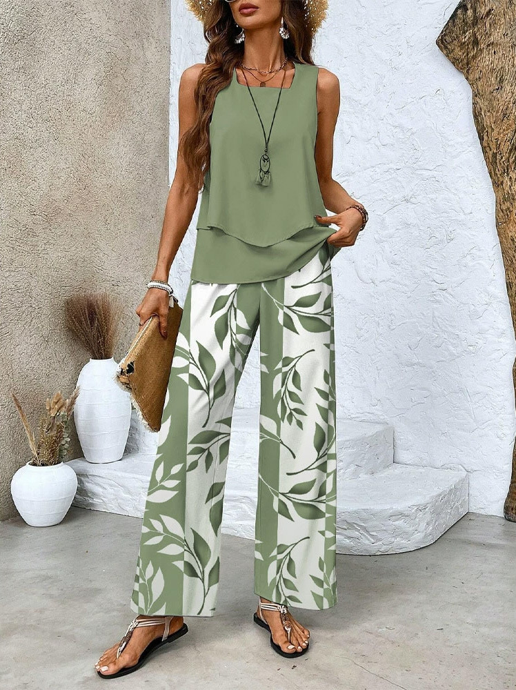 🔥50% OFF🌺Fashionable two-piece women's outfits with printed sleeveless top & pants