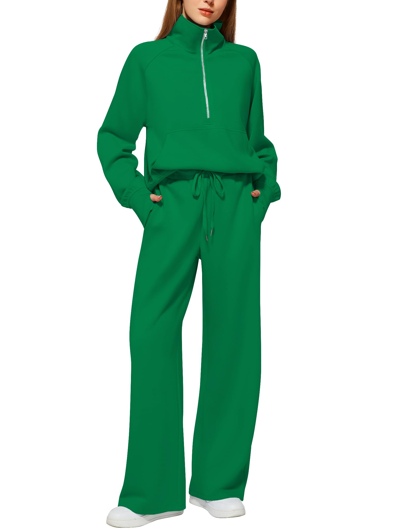 Women's Cotton Two-Piece Oversized Half-Zip Sweatshirt Wide Leg Sweatpants Casual Suit