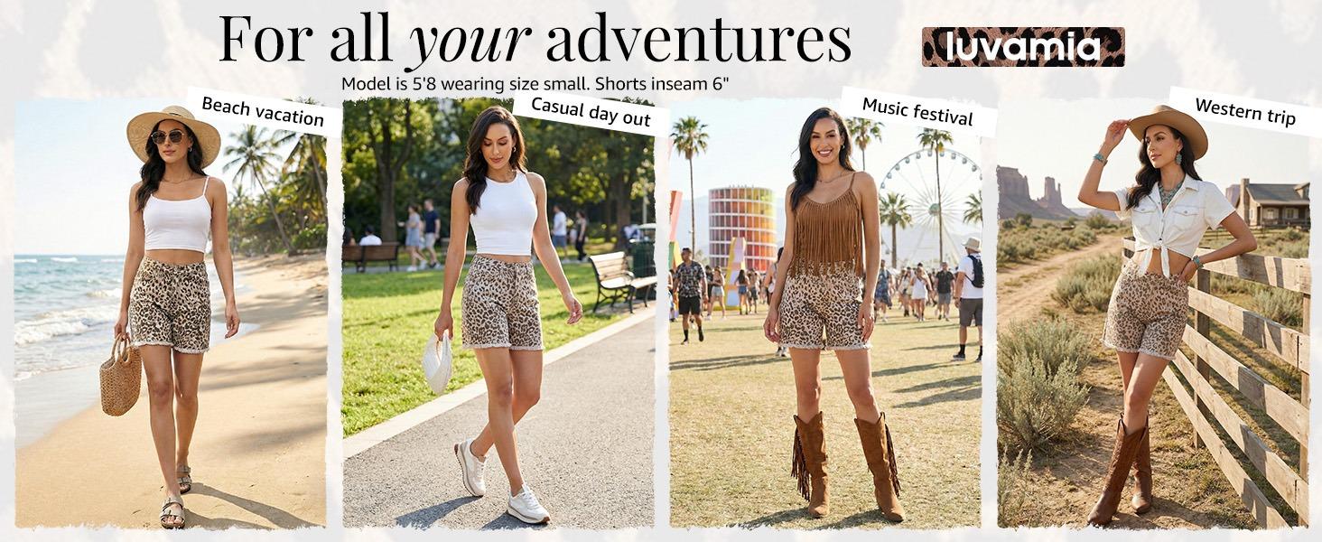 luvamia Jean Shorts for Women Trendy High Rise Mid Thigh Cheetah Leopard Print Raw Hem Stretch Denim Casual Summer Jorts