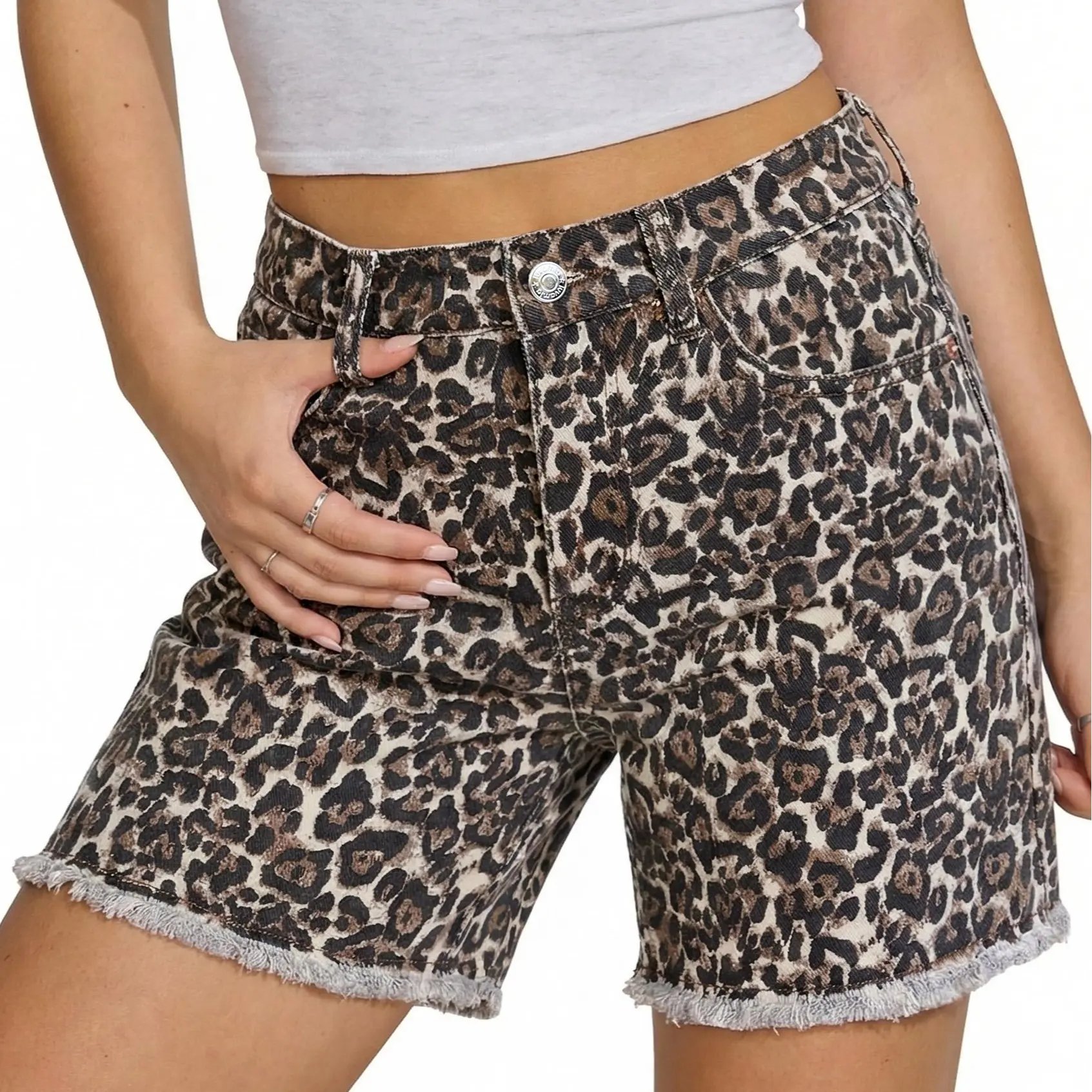 Jean Shorts for Women Trendy High Rise Mid Thigh Cheetah Leopard Print Raw Hem Stretch Denim Casual Summer Jorts