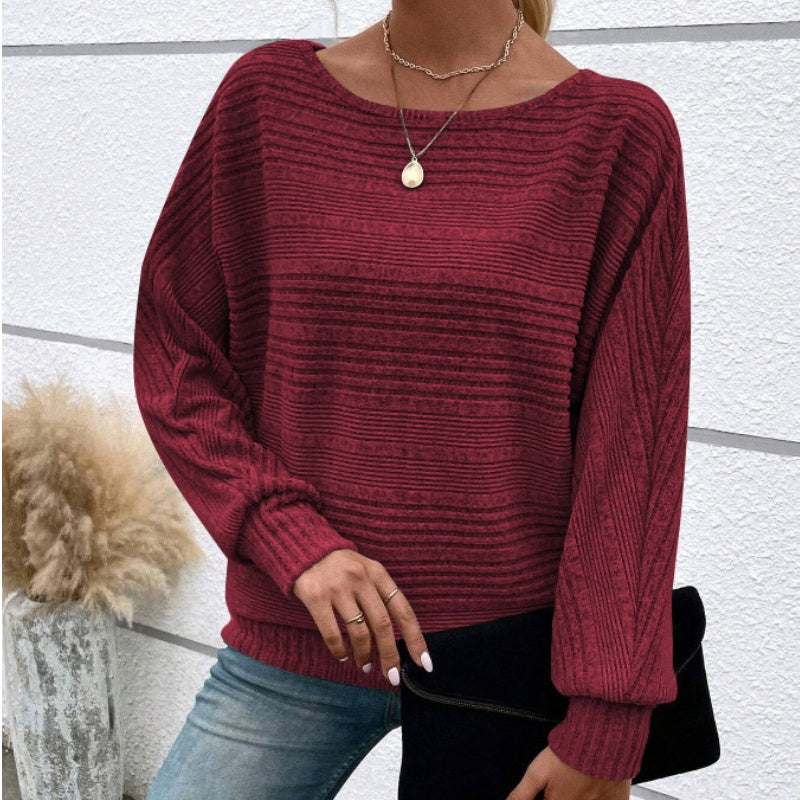 🎁New arrival 52% OFF💥Solid Round-Neck Striped Top with Long Sleeves