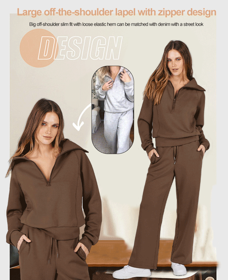 Women's Cotton Two-Piece Oversized Half-Zip Sweatshirt Wide Leg Sweatpants Casual Suit