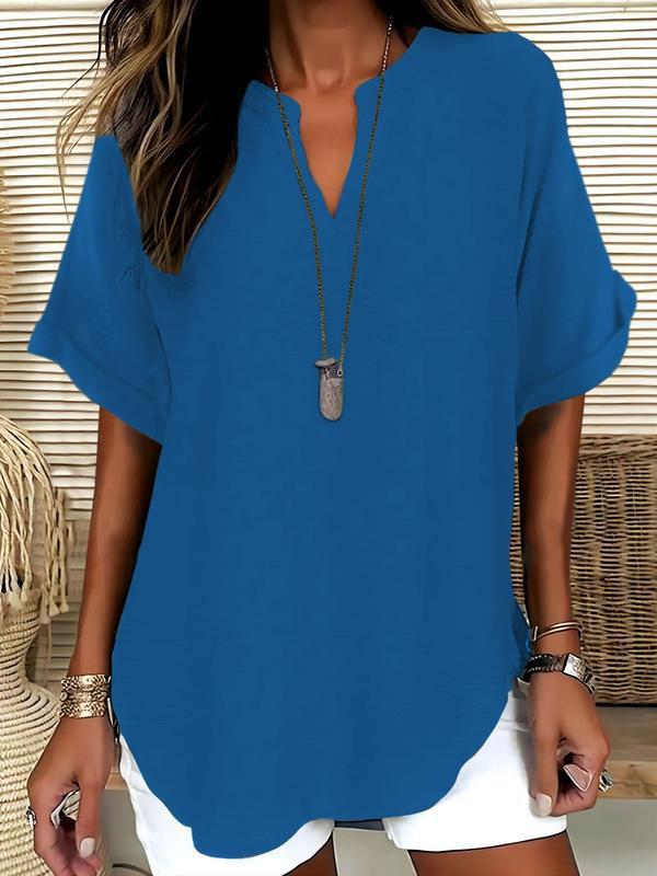 🔥Women's Plain Short Sleeve Blouse, Casual Solid Color Top for Daily Wear, Ladies Clothes for All Seasons
