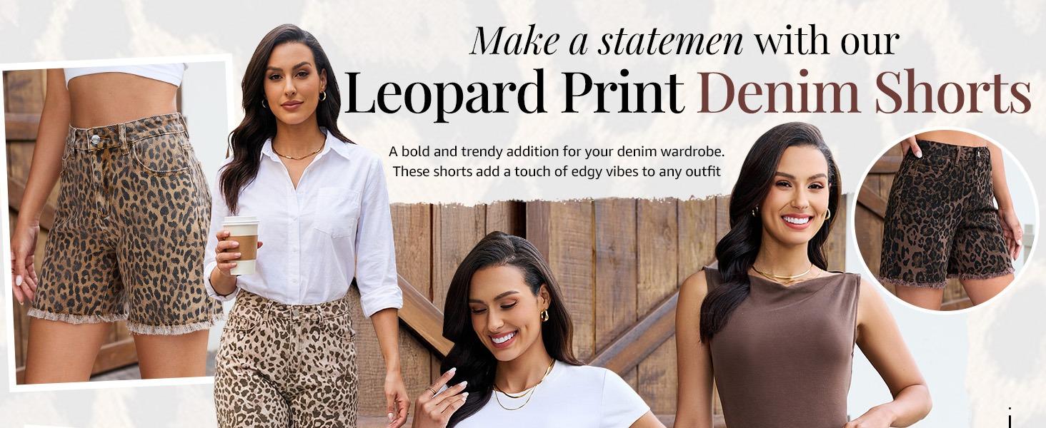 luvamia Jean Shorts for Women Trendy High Rise Mid Thigh Cheetah Leopard Print Raw Hem Stretch Denim Casual Summer Jorts