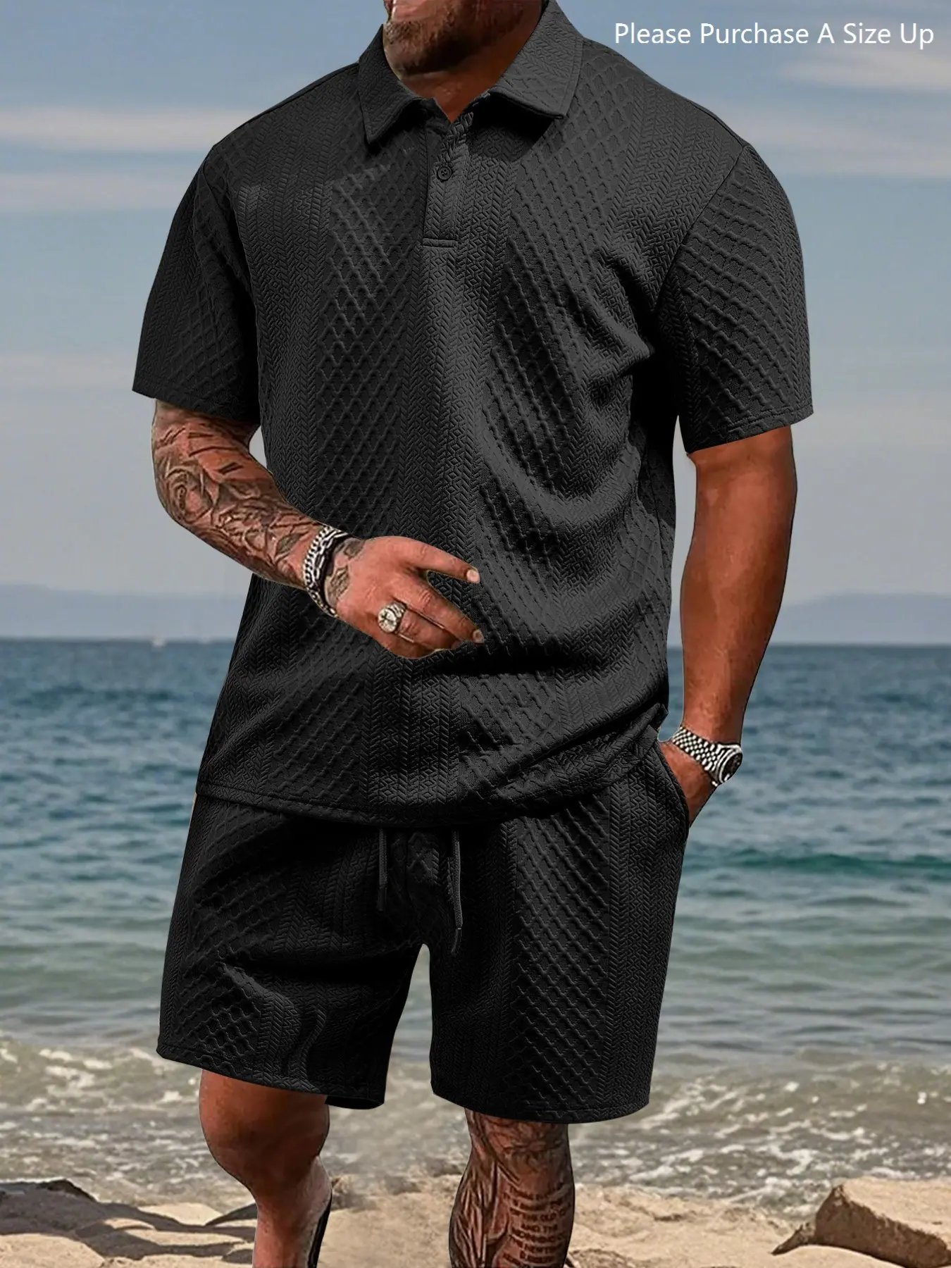 Men's Solid Polo Shirt & Drawstring Waist Shorts Set, Cozy Breathable Two-piece Outfits