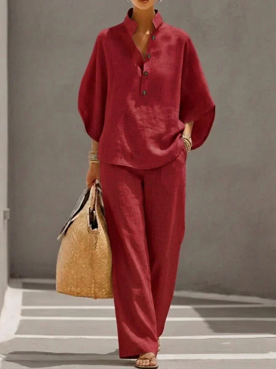 Linen Set with Batwing Sleeves and Wide Pants