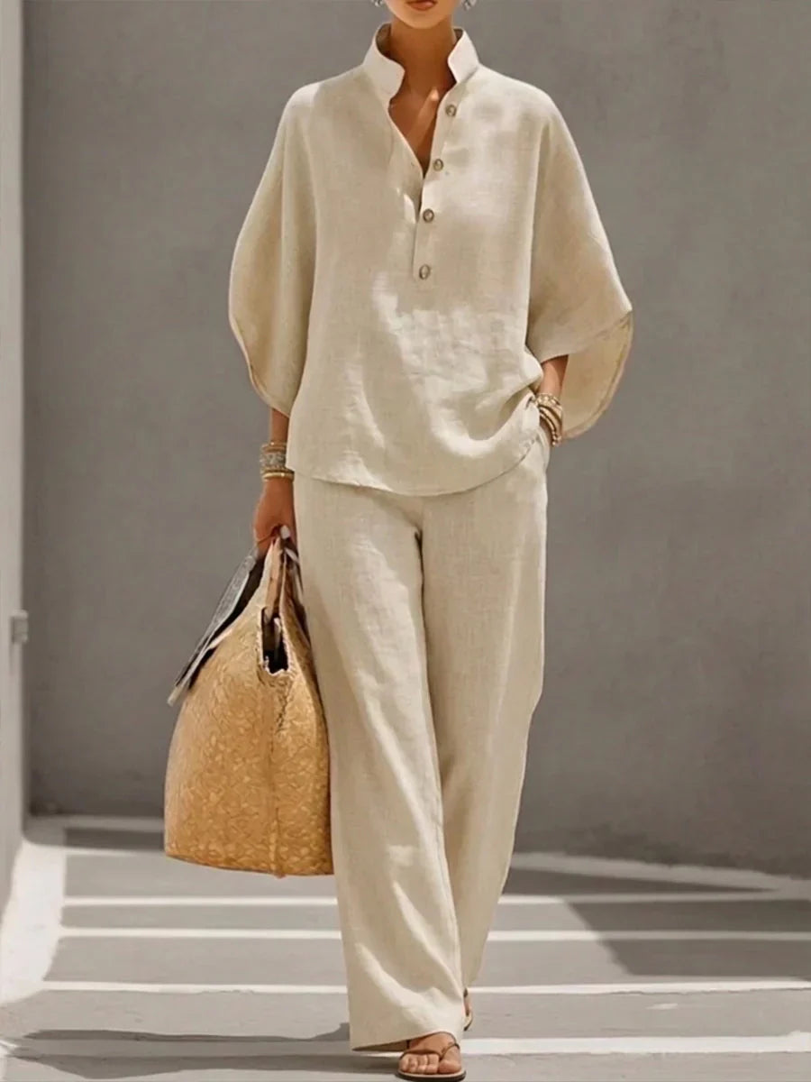 Linen Set with Batwing Sleeves and Wide Pants