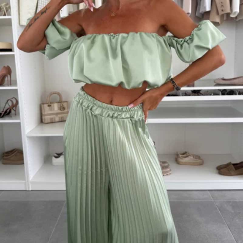 💖LAST DAY SALE 60% OFF💖Women’s Sexy Solid Color Top Wide Leg Pants Two Pieces Set