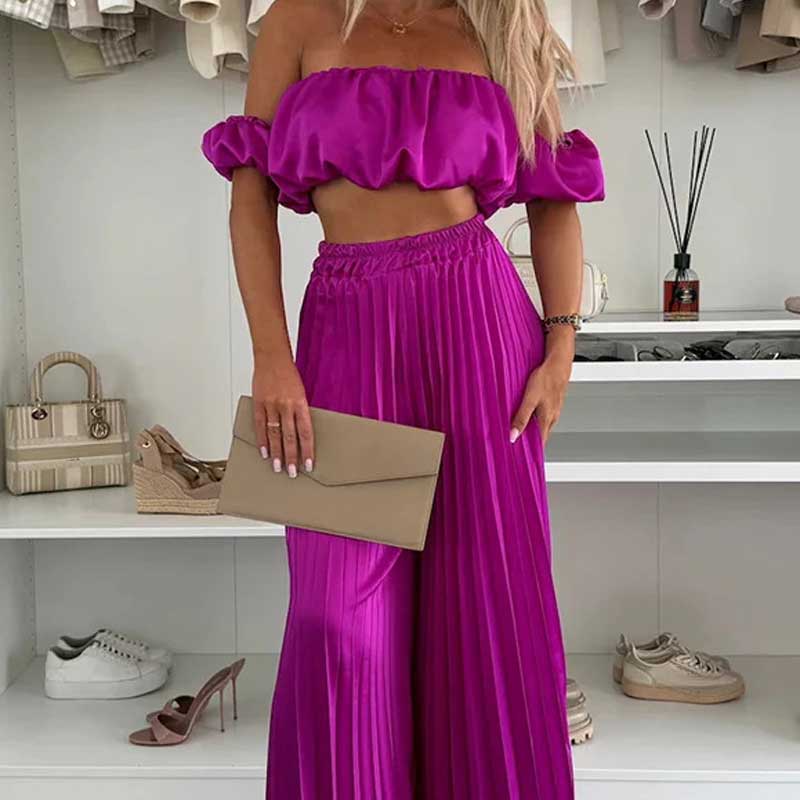 💖LAST DAY SALE 60% OFF💖Women’s Sexy Solid Color Top Wide Leg Pants Two Pieces Set