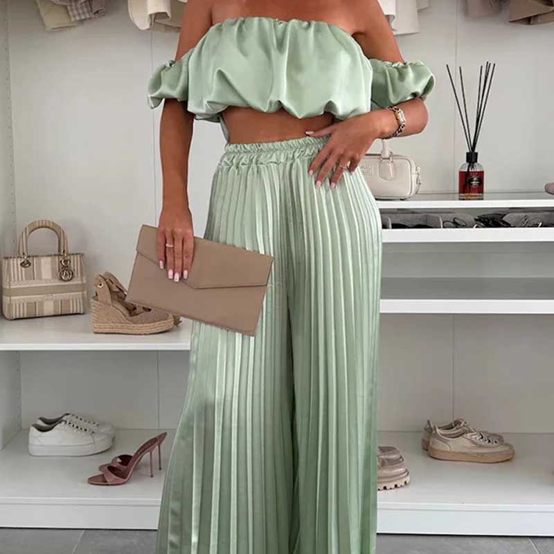 💖LAST DAY SALE 60% OFF💖Women’s Sexy Solid Color Top Wide Leg Pants Two Pieces Set