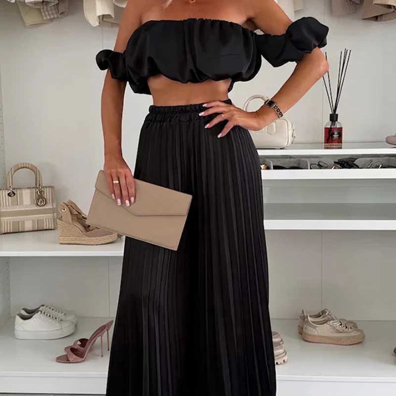 💖LAST DAY SALE 60% OFF💖Women’s Sexy Solid Color Top Wide Leg Pants Two Pieces Set