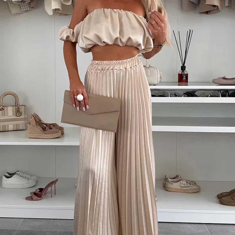 💖LAST DAY SALE 60% OFF💖Women’s Sexy Solid Color Top Wide Leg Pants Two Pieces Set