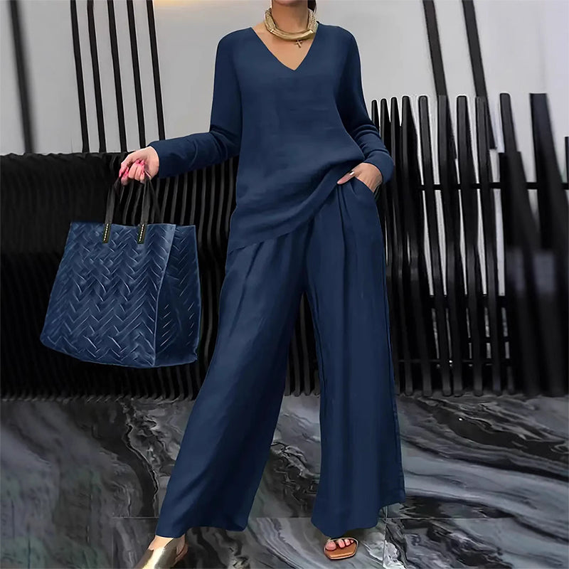 ✨ NEW! Women's V-Neck Lounge Set with Wide-Leg Pants