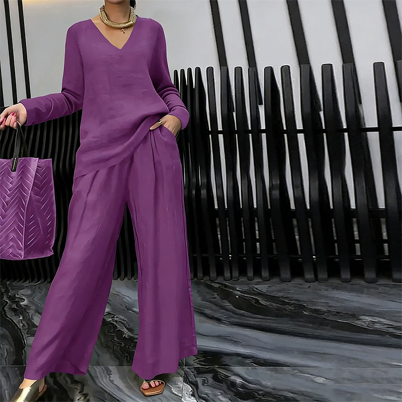 ✨ NEW! Women's V-Neck Lounge Set with Wide-Leg Pants