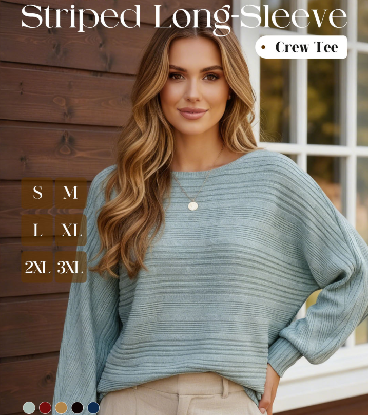 🎁New arrival 52% OFF💥Solid Round-Neck Striped Top with Long Sleeves