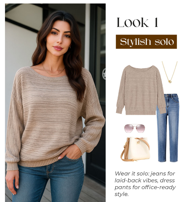 🎁New arrival 52% OFF💥Solid Round-Neck Striped Top with Long Sleeves
