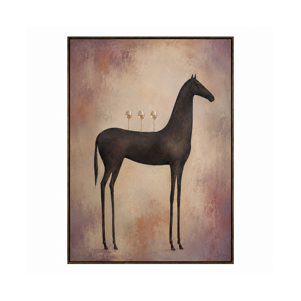 Vintage Americana Art – Slender Dark Horse with Wine Glasses Textured Handmade Oil Painting Wall Art