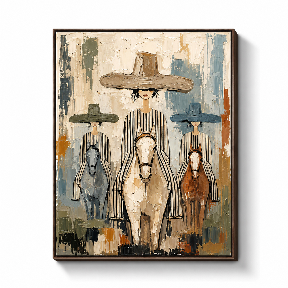 Vintage Americana Art – Three Striped Hat Ladies & Horses Textured Handmade Oil Painting Wall Art