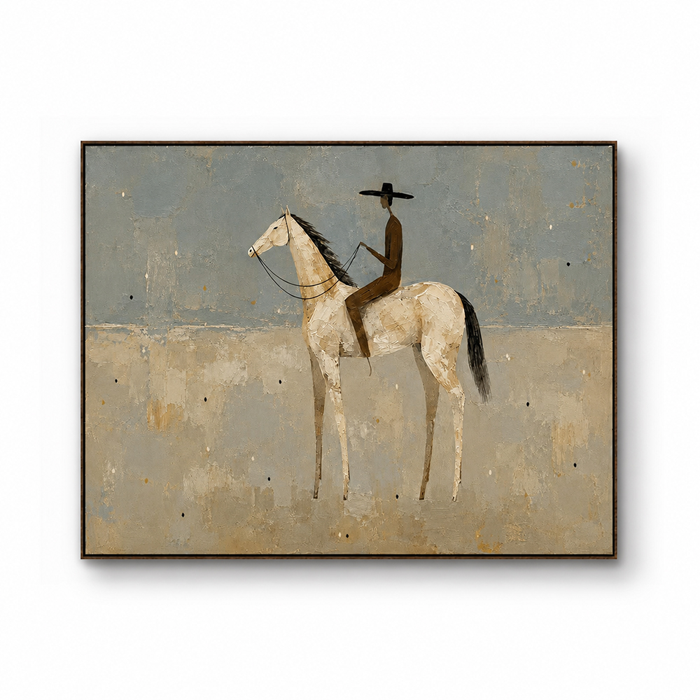 Vintage Americana Art – Pale Horse Rider Textured Handmade Oil Painting Wall Art