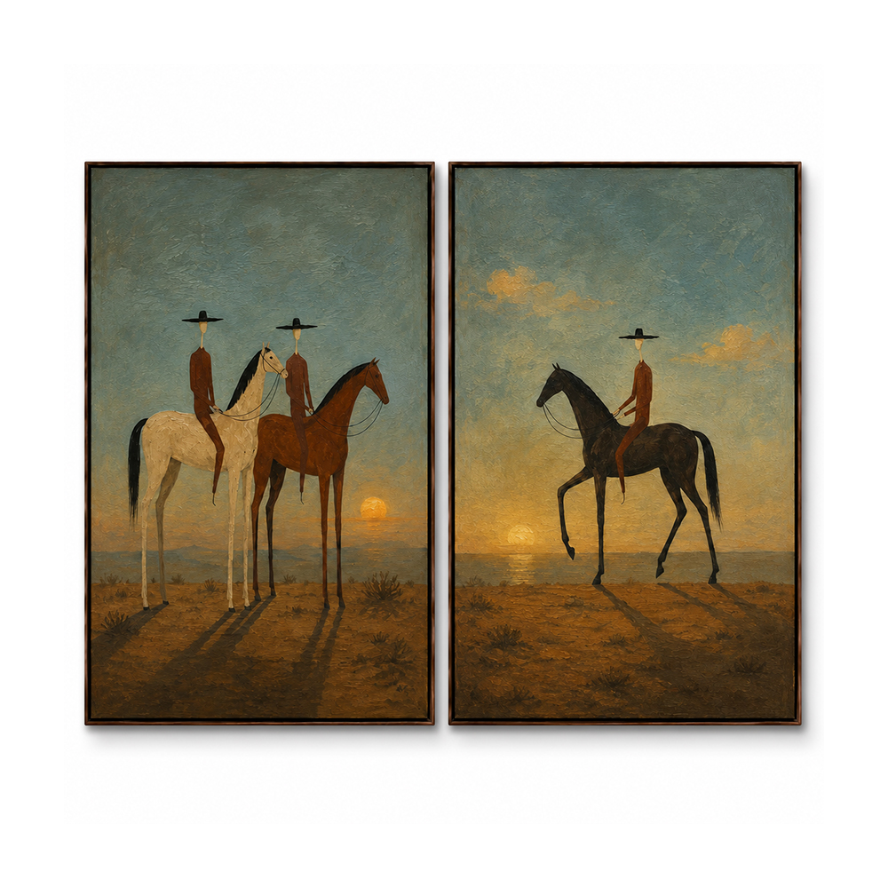 Vintage Americana Art – Sunset Cowboy Horse Diptych Textured Handmade Oil Painting Wall Art