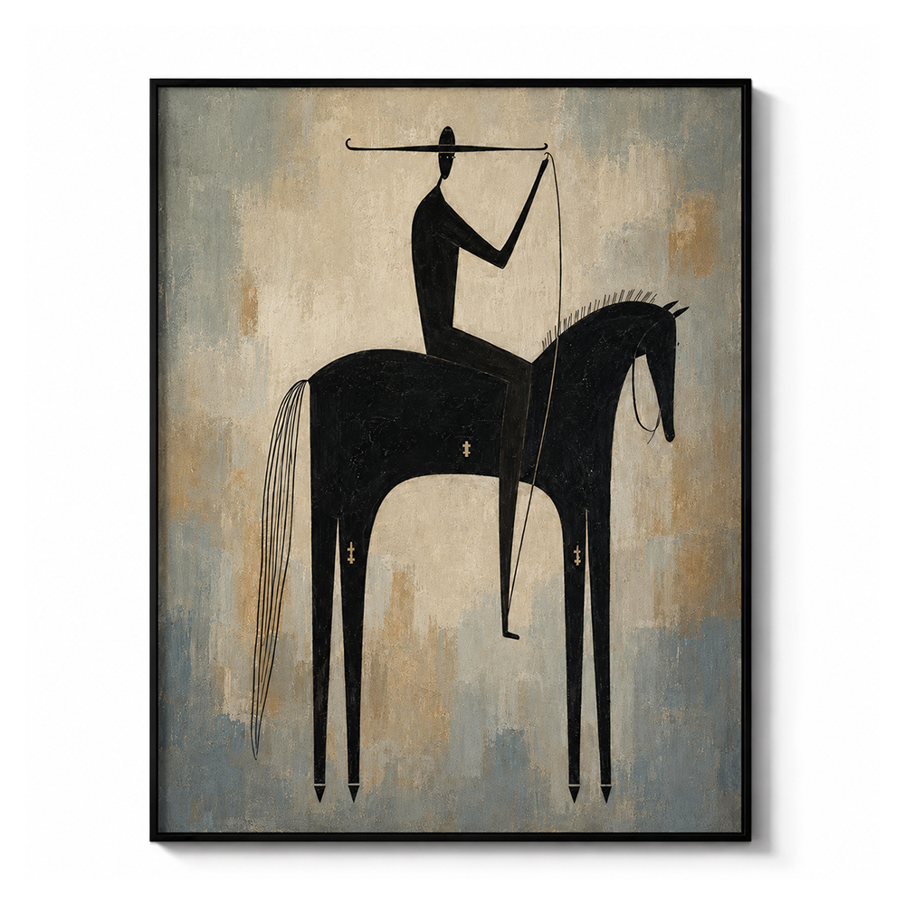 Vintage Americana Art – Primitive Black Horse Rider Textured Handmade Oil Painting Wall Art