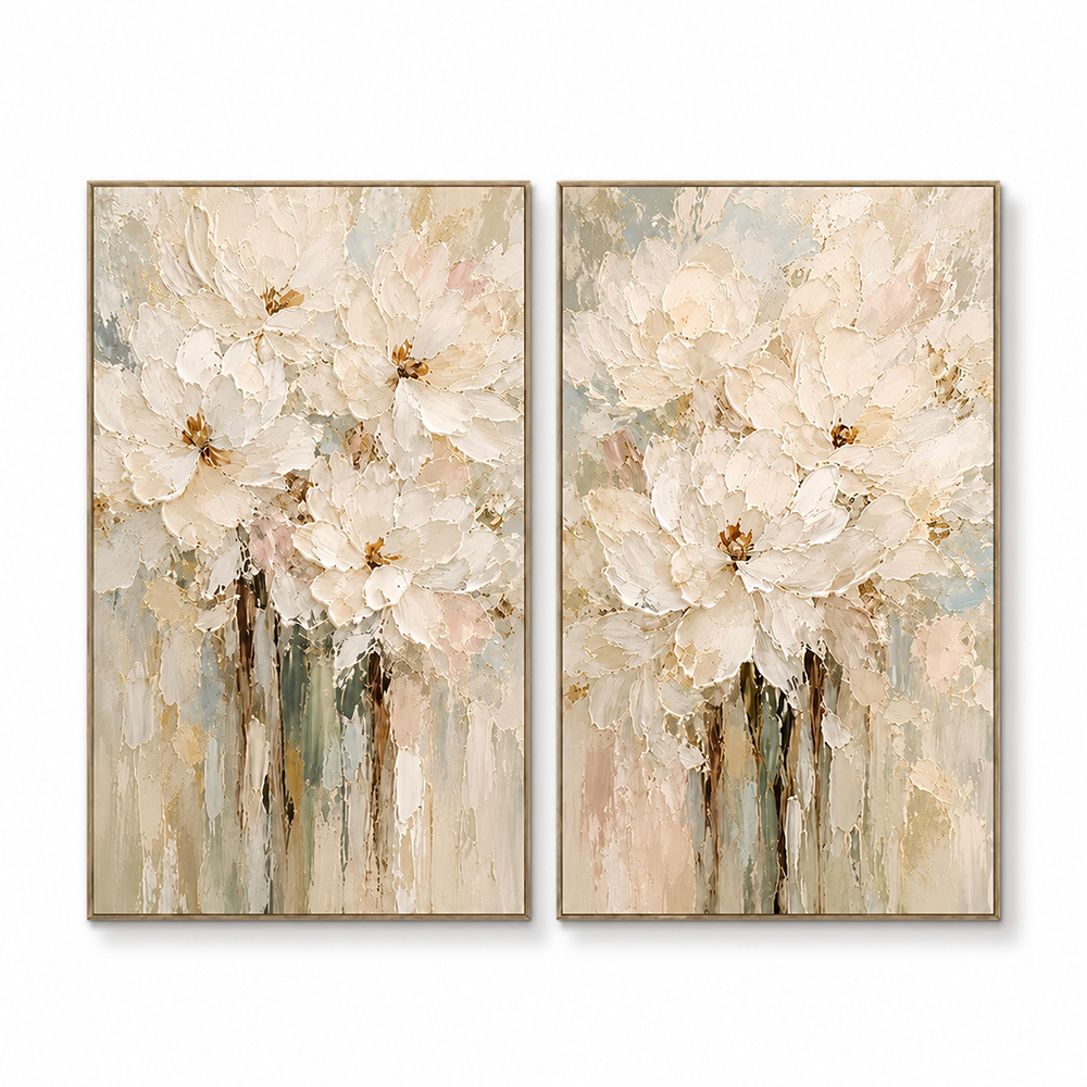 Abstract Wall Art – Cream Floral Textured Handmade Oil Painting Wall Art