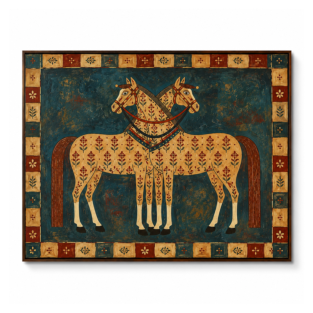 Vintage Americana Art – Folk Twin Horses Textured Handmade Oil Painting Wall Art