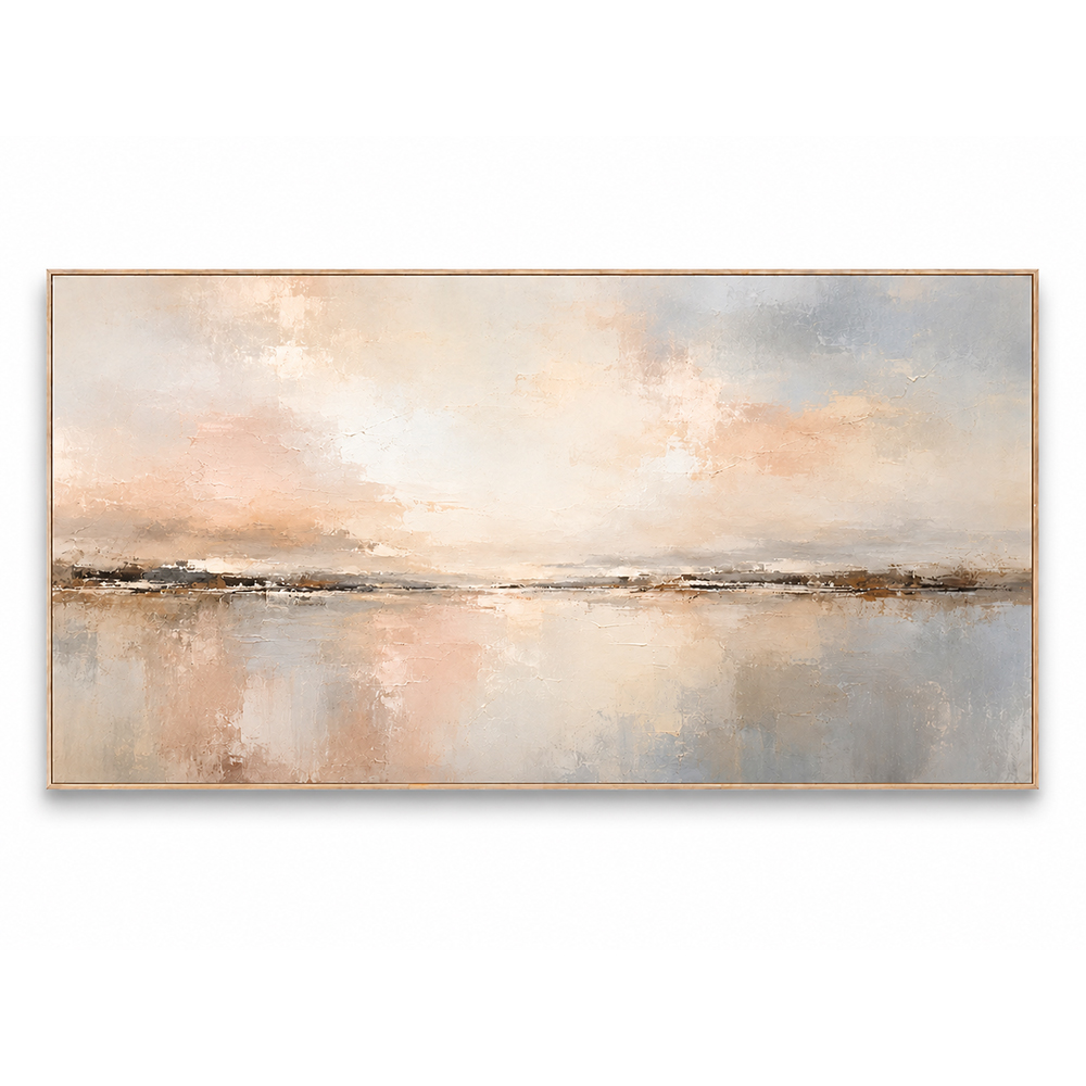 Abstract Wall Art – Neutral Lakescape Textured Handmade Oil Painting Wall Art